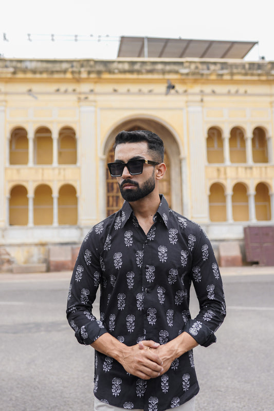 Black Hand Block Printed Mens shirt