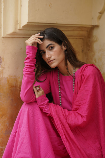 Rani Pink crushed anarkali suit set