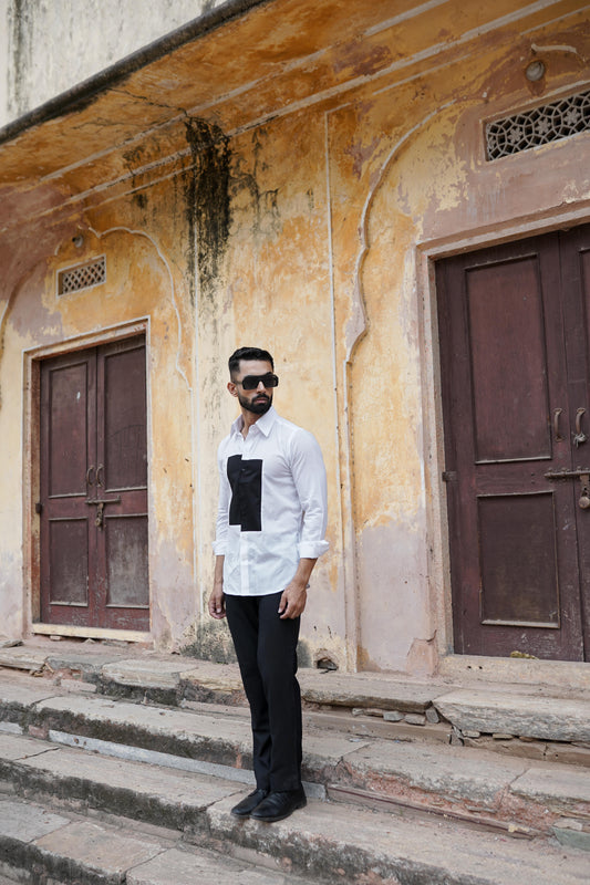 Black Patch work On White Mens Shirt
