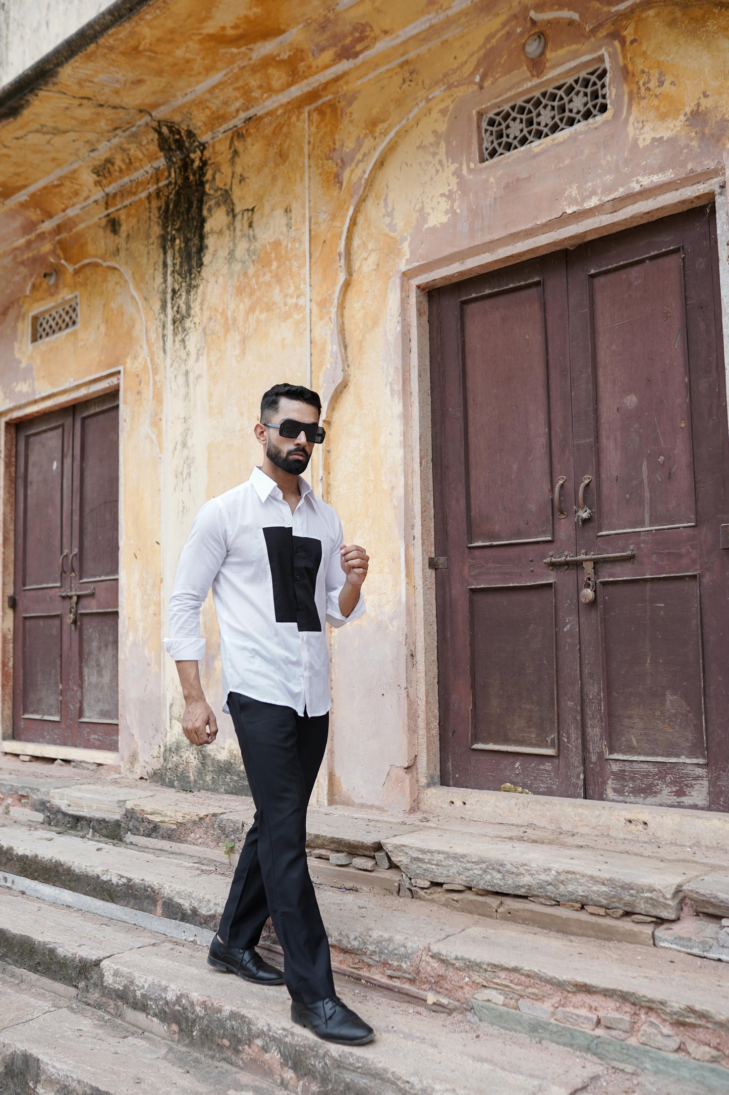 Black Patch work On White Mens Shirt