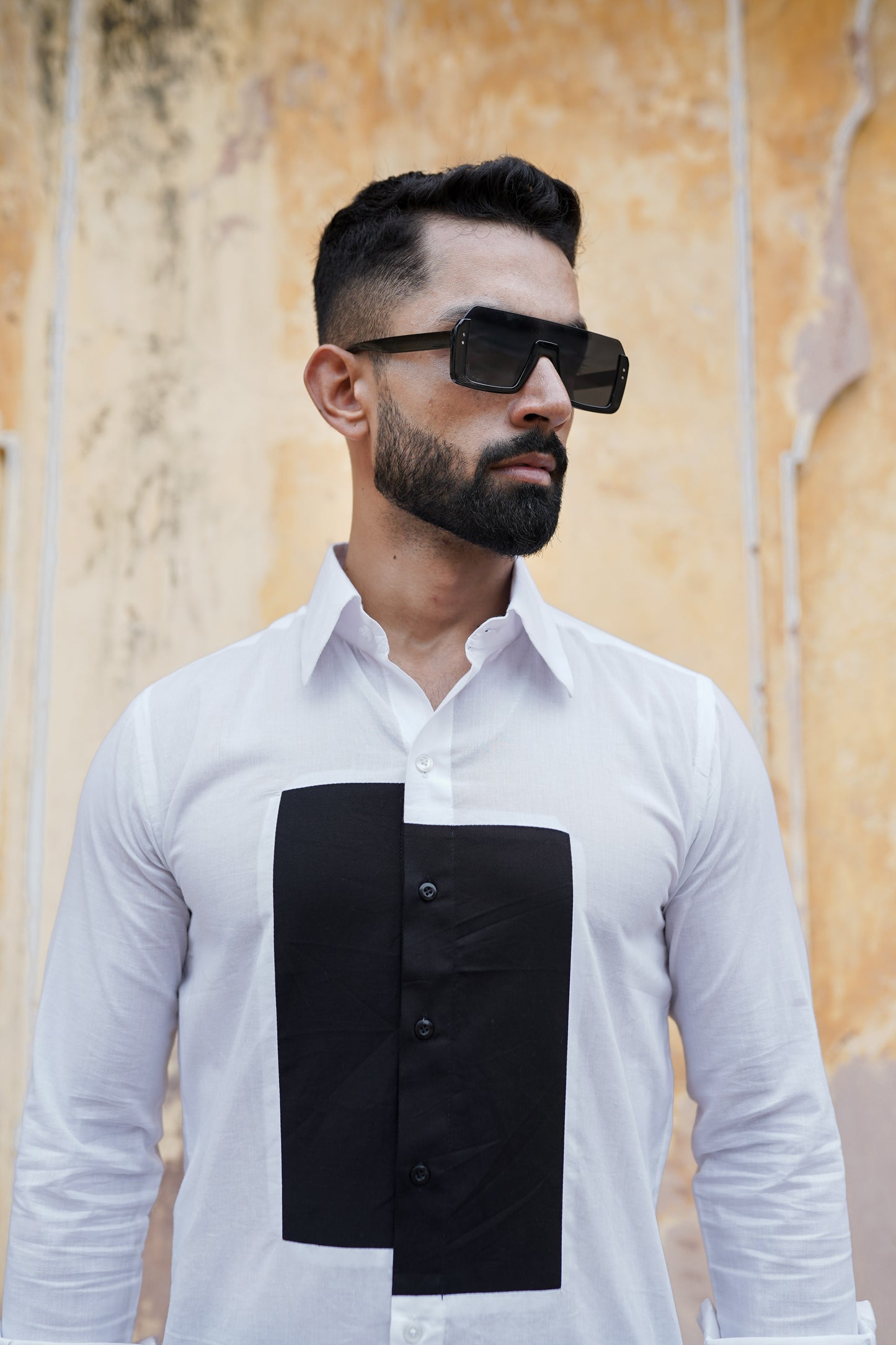 Black Patch work On White Mens Shirt
