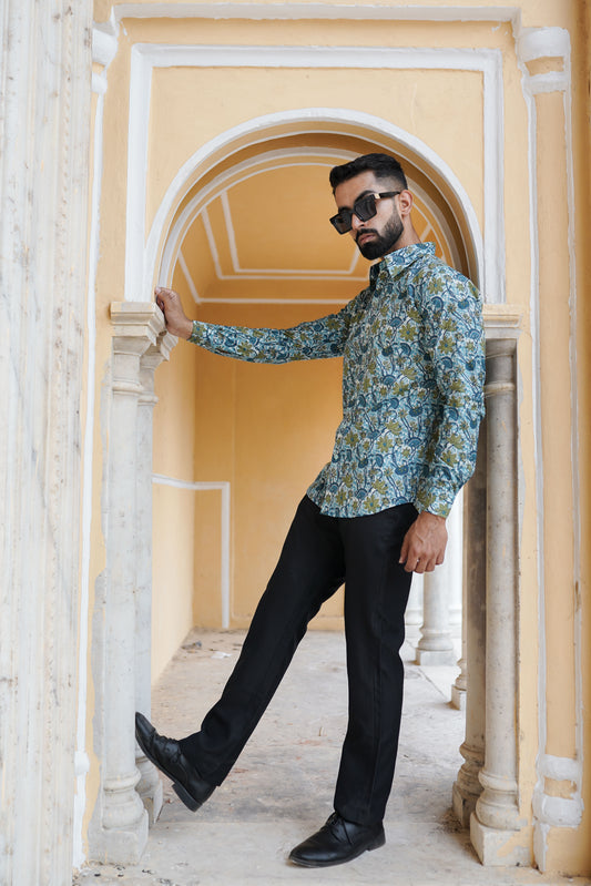 Green - blue Block Printed mens shirt