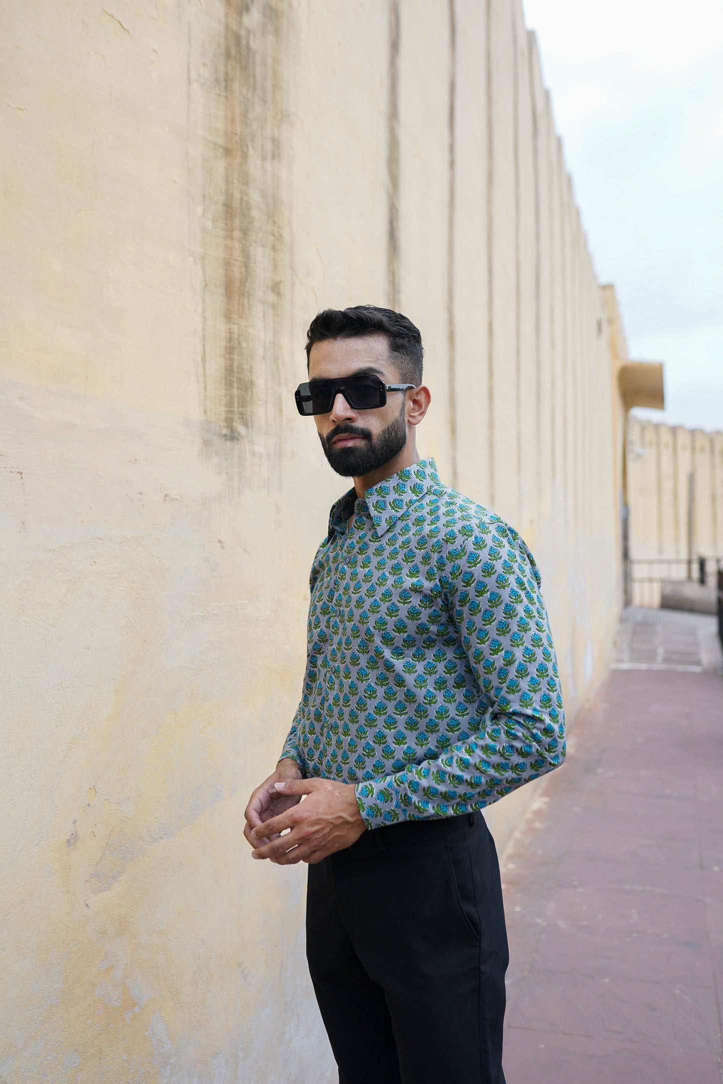 Green - blue Block Printed mens shirt