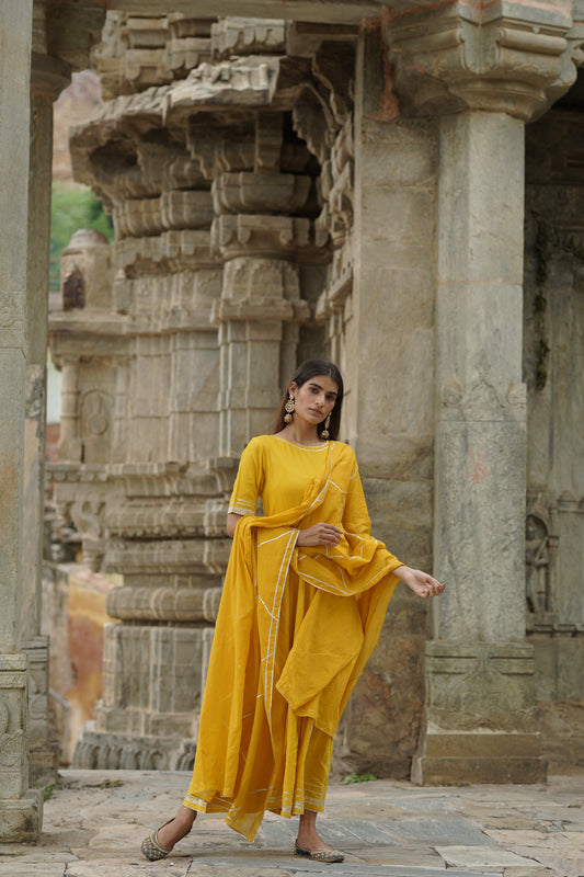 Temple Yellow Kurti Set