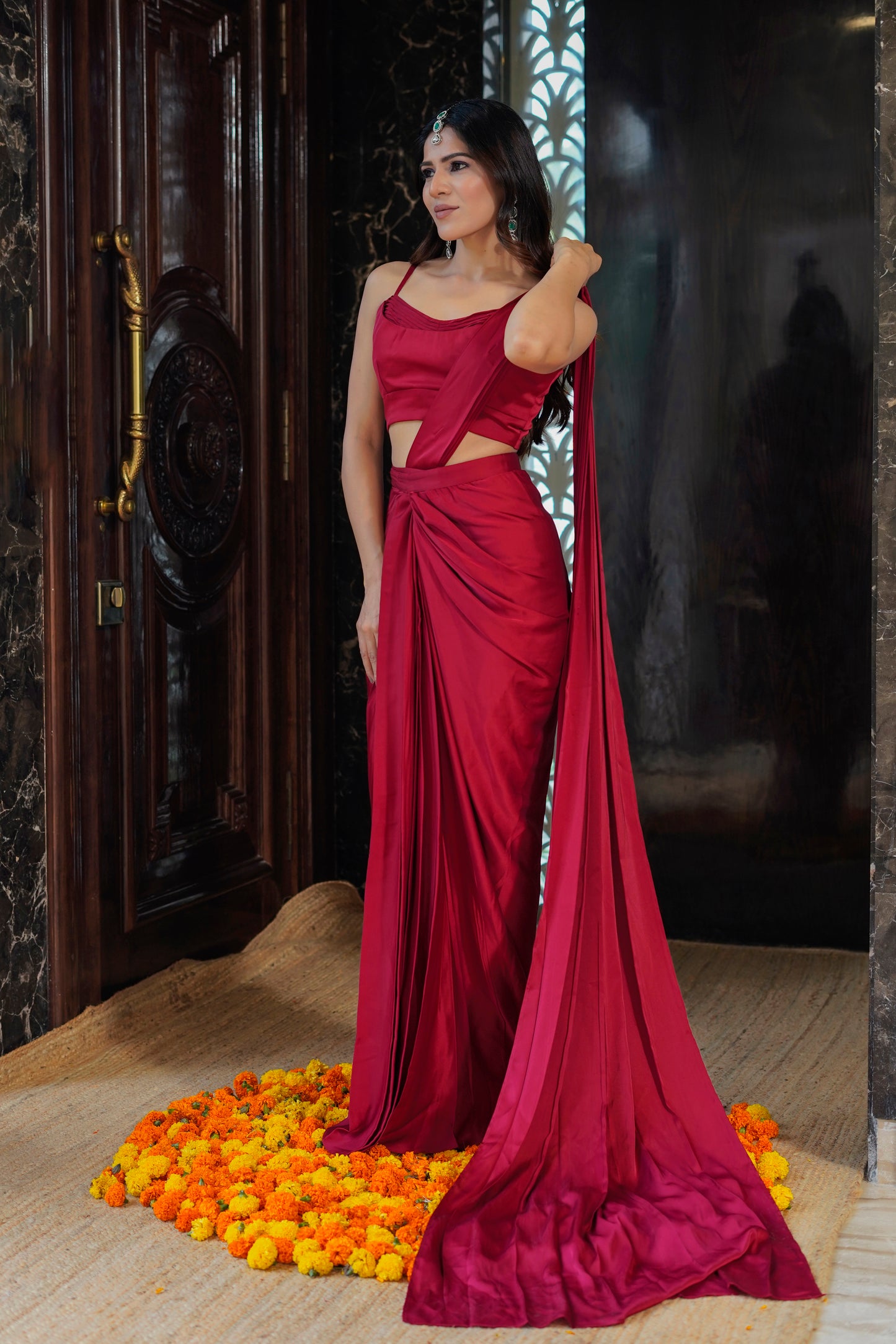 The essence of Red Stitched Saree