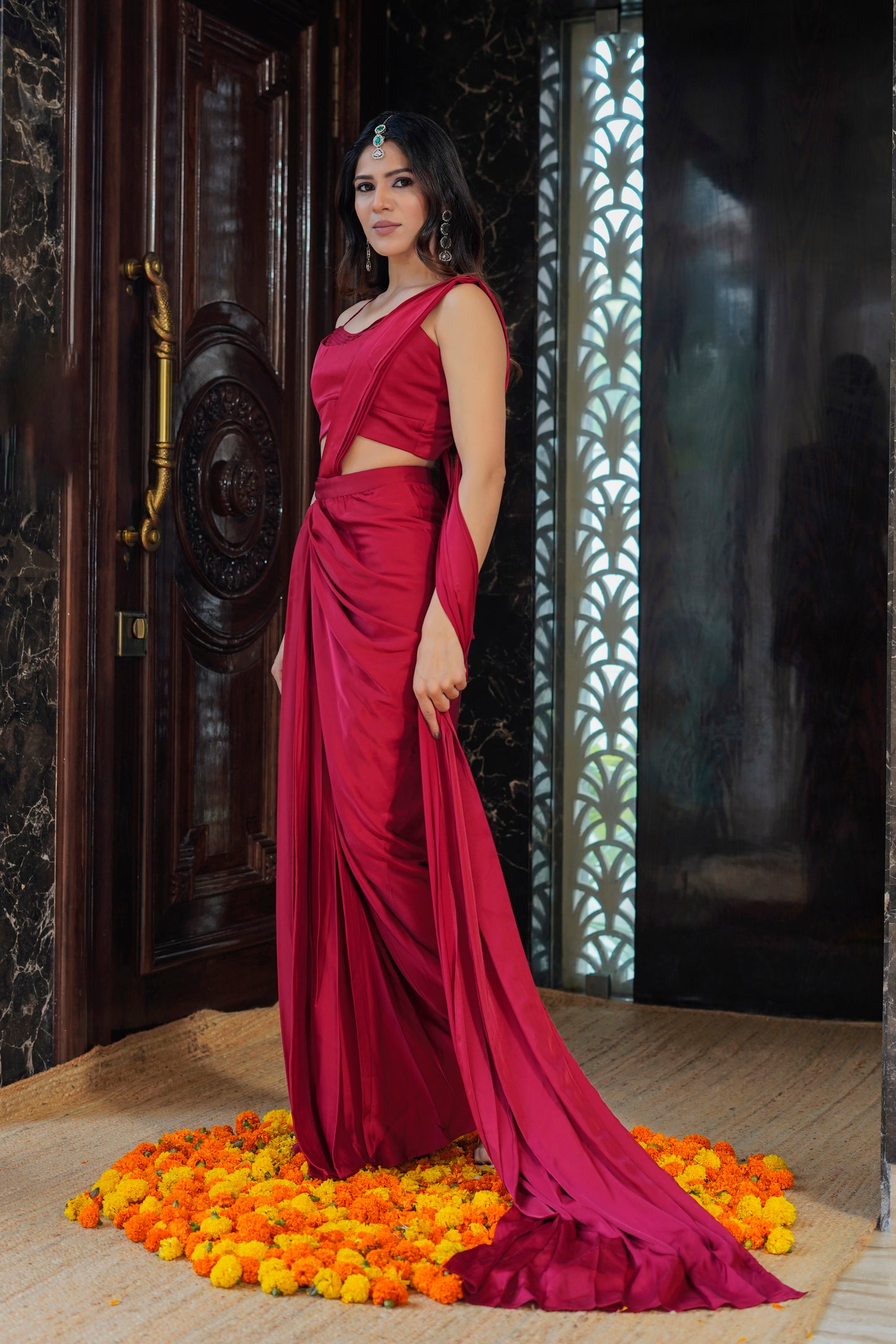 The essence of Red Stitched Saree