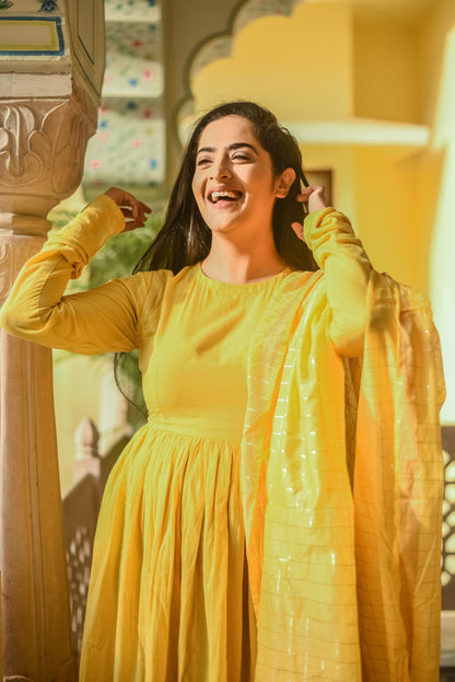 Anarkali suit set in Yellow ( set of 3)