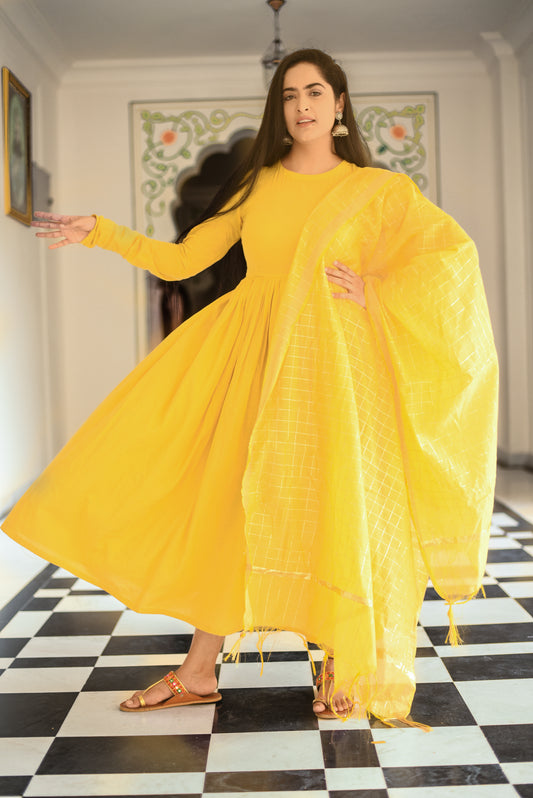 Anarkali suit set in Yellow ( set of 3)