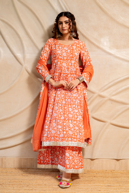 Orange Hand Block Print Sharara set