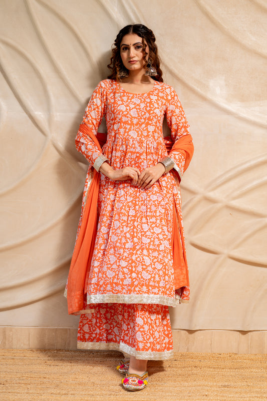 Orange Hand Block Print Sharara set