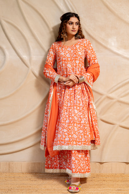 Orange Hand Block Print Sharara set