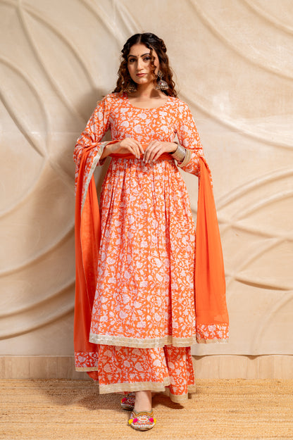Orange Hand Block Print Sharara set