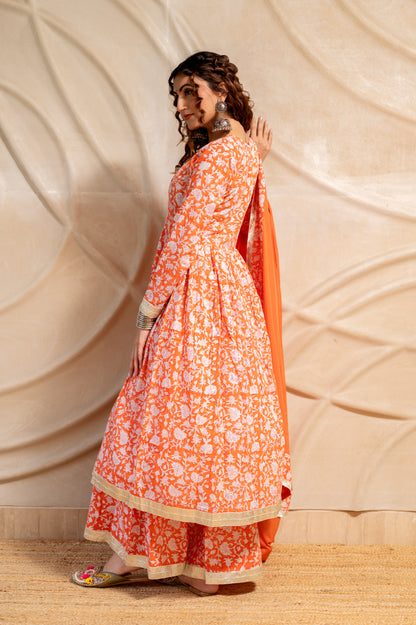 Orange Hand Block Print Sharara set