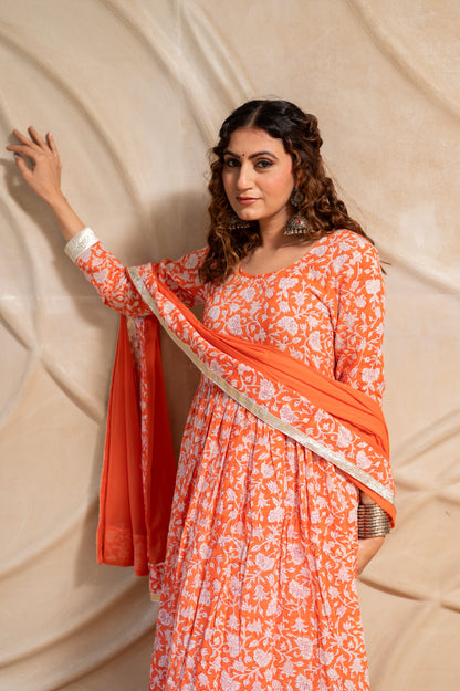 Orange Hand Block Print Sharara set