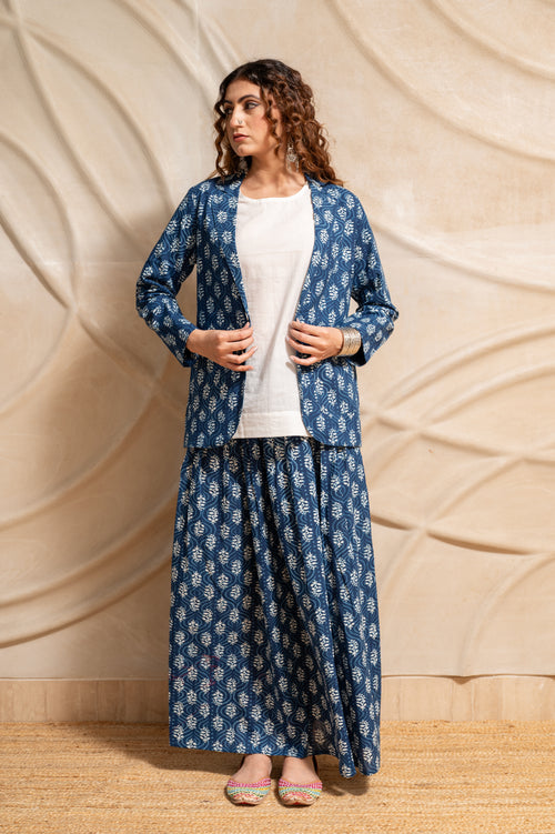 Indigo Skirt With Jacket Set