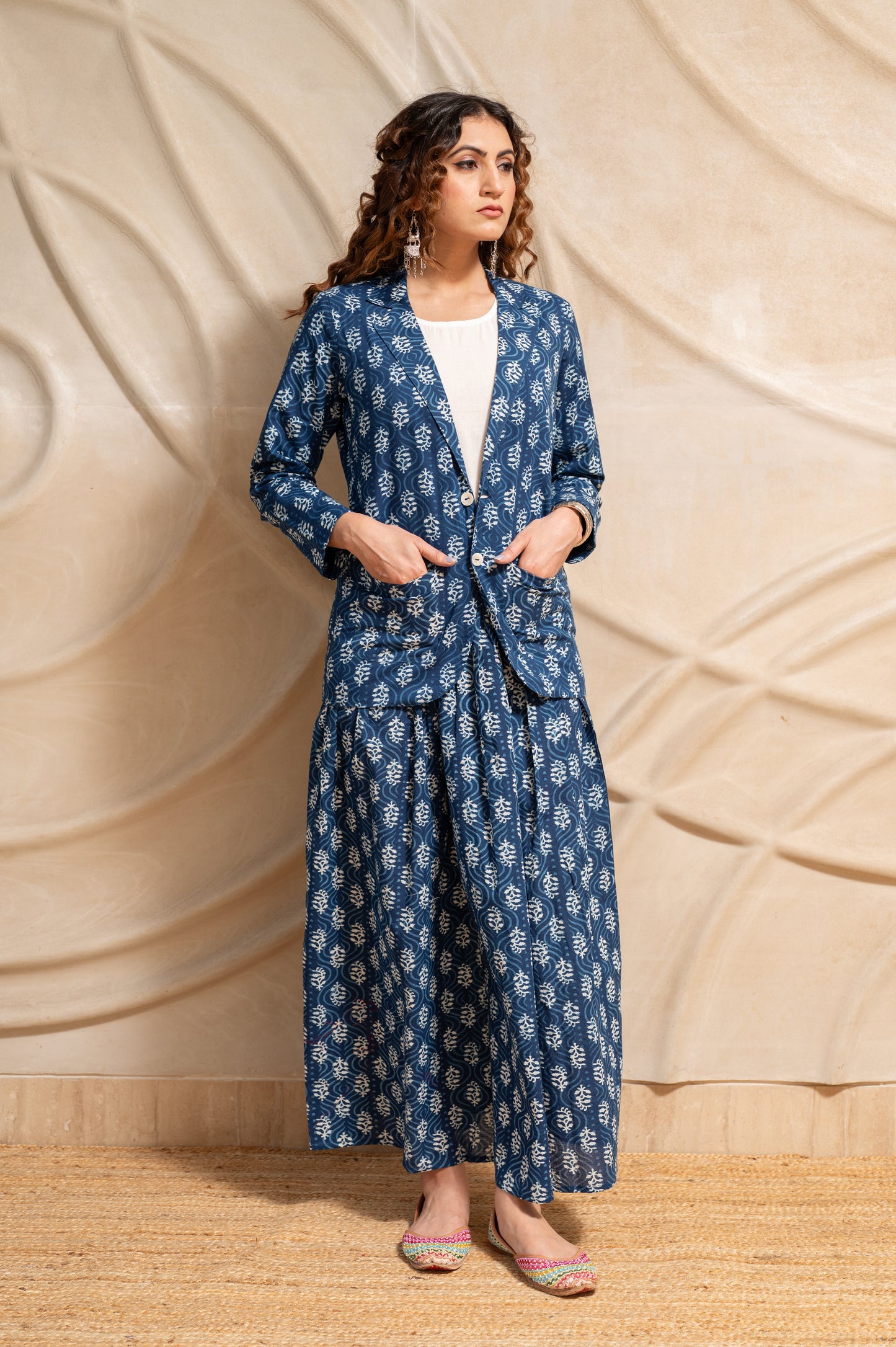 Indigo Skirt With Jacket Set