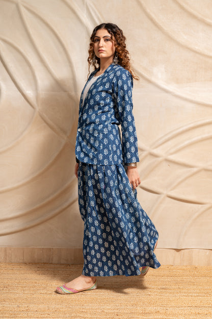 Indigo Skirt With Jacket Set