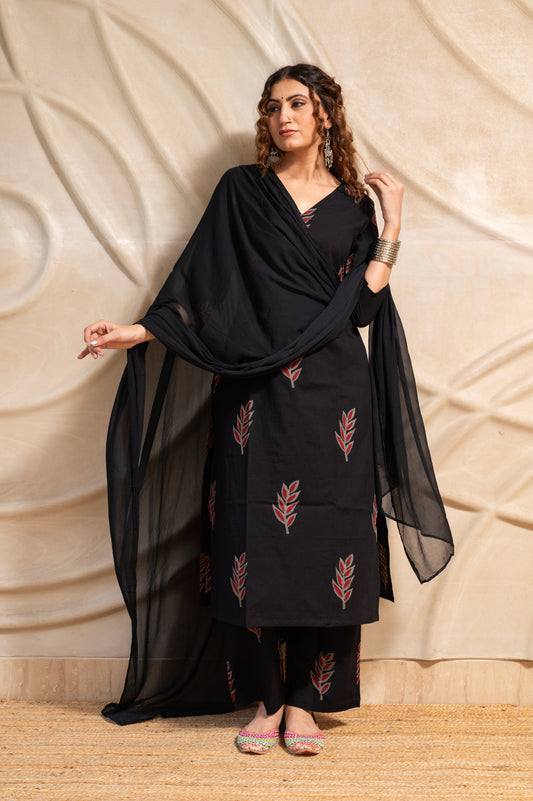 Black Hand Block Printed cotton Suit Set