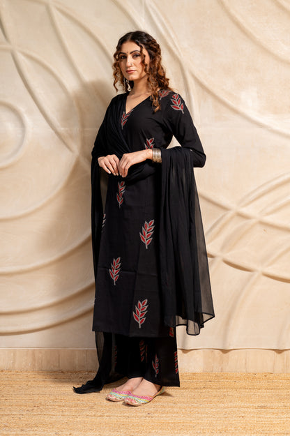 Black Hand Block Printed cotton Suit Set