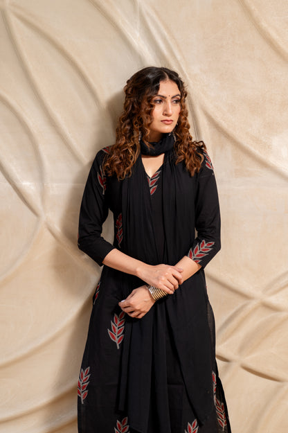 Black Hand Block Printed cotton Suit Set
