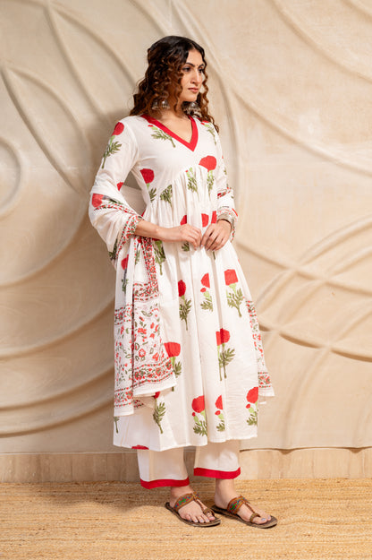 White Block Printed Anarkali Suit Set (Set of 3)