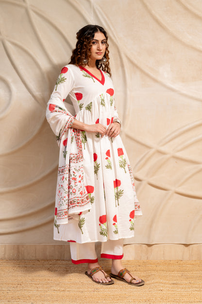 White Block Printed Anarkali Suit Set (Set of 3)