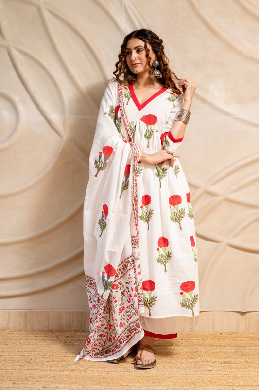 White Block Printed Anarkali Suit Set (Set of 3)