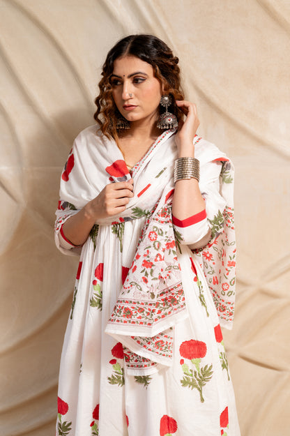 White Block Printed Anarkali Suit Set (Set of 3)