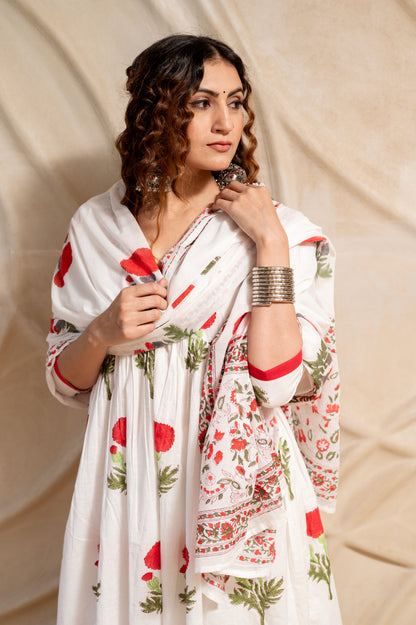 White Block Printed Anarkali Suit Set (Set of 3)