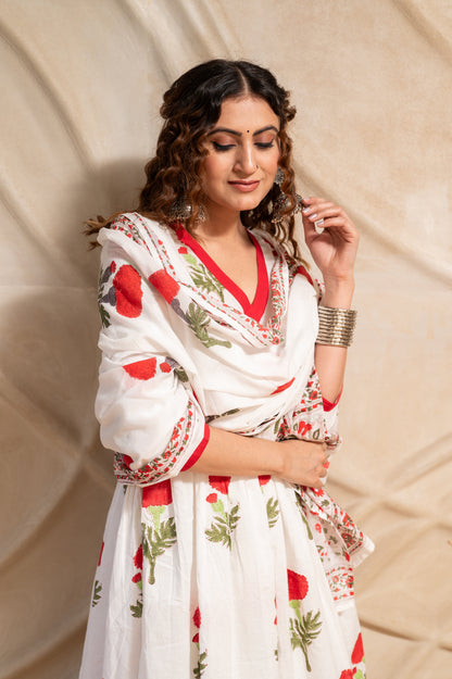 White Block Printed Anarkali Suit Set (Set of 3)