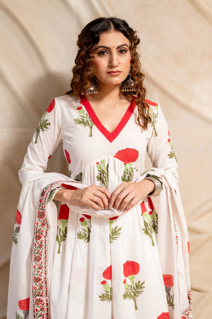 White Block Printed Anarkali Suit Set (Set of 3)