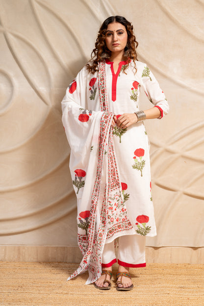 White Mughal Print Suit Set ( Set of 3 )