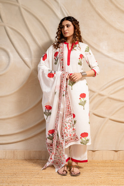 White Mughal Print Suit Set ( Set of 3 )