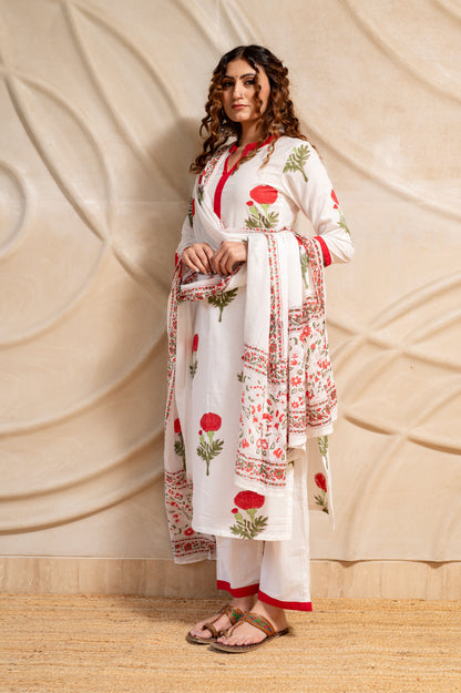 White Mughal Print Suit Set ( Set of 3 )