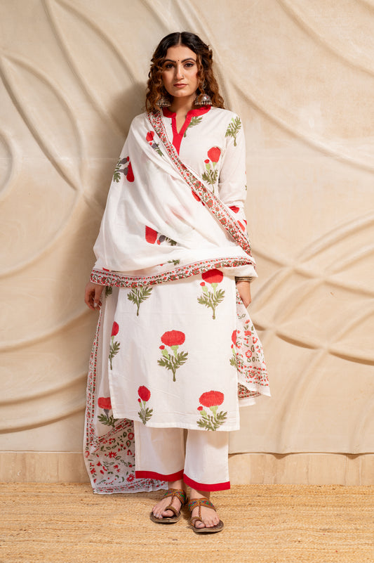 White Mughal Print Suit Set ( Set of 3 )