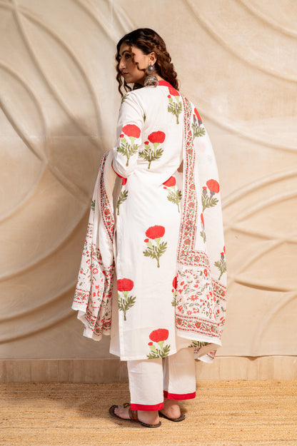 White Mughal Print Suit Set ( Set of 3 )