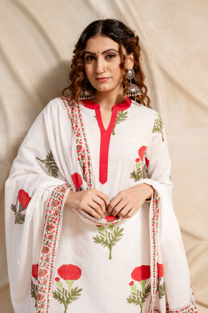 White Mughal Print Suit Set ( Set of 3 )