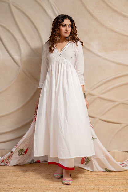 White Anarkali Suit Set ( Set of 3 )