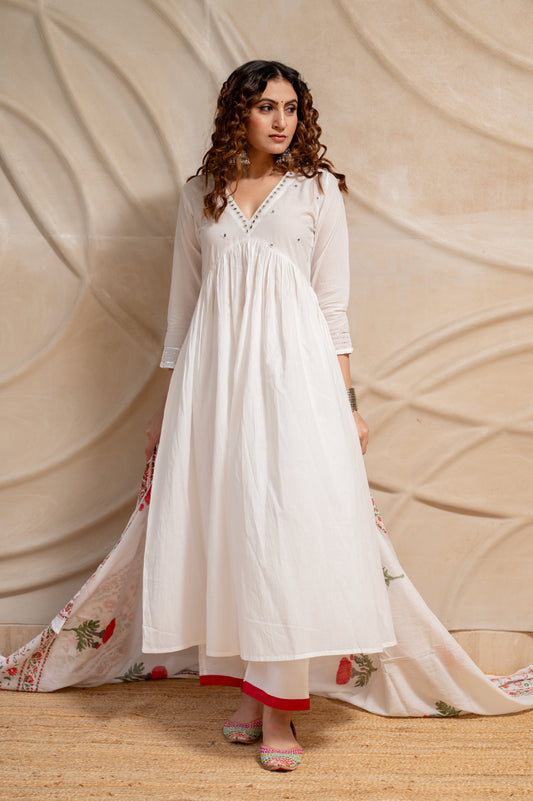 White Anarkali Suit Set ( Set of 3 )