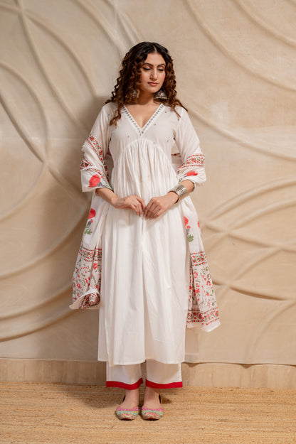 White Anarkali Suit Set ( Set of 3 )