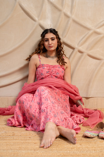 Pink Floral Suit Set in MulMul ( Set of 3 )