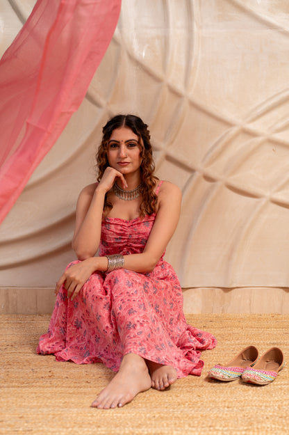 Pink Floral Suit Set in MulMul ( Set of 3 )
