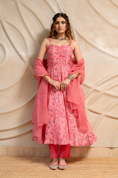 Pink Floral Suit Set in MulMul ( Set of 3 )