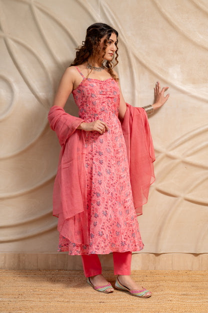 Pink Floral Suit Set in MulMul ( Set of 3 )