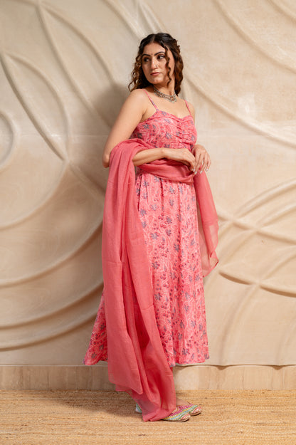 Pink Floral Suit Set in MulMul ( Set of 3 )