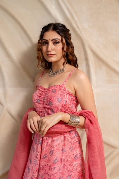 Pink Floral Suit Set in MulMul ( Set of 3 )