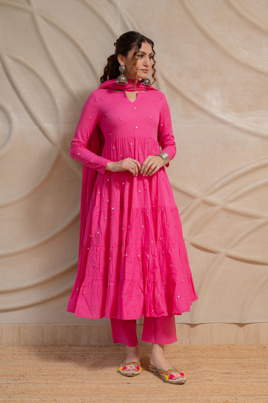 Pink Mirror Work Cotton Suit- Set of 3