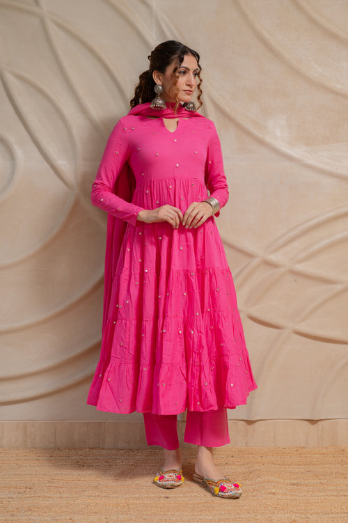 Pink Mirror Work Cotton Suit- Set of 3