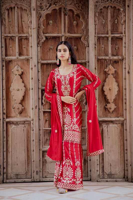 Ruby Red Embroidered Palazzo Set
