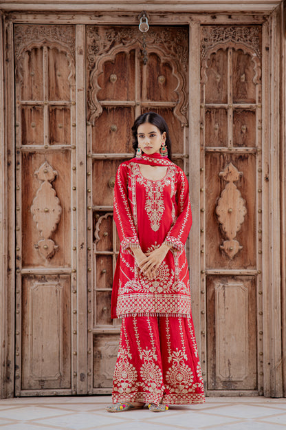 Ruby Red Embroidered Palazzo Set